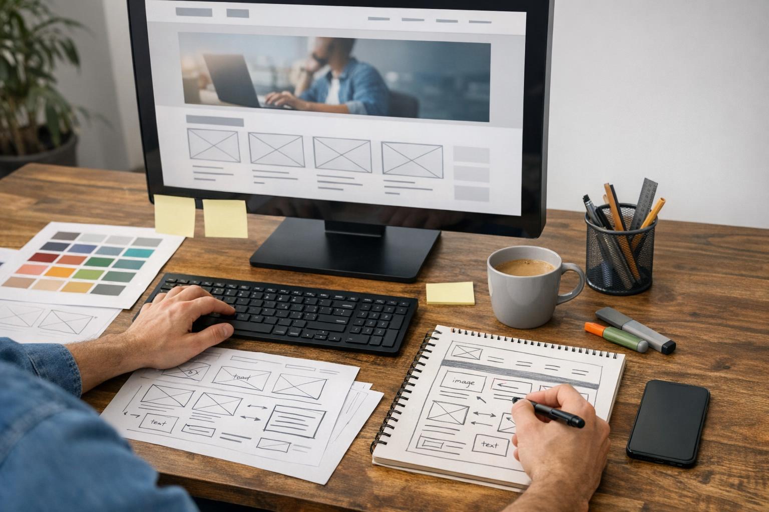 Zdjęcie przedstawiające projektowanie strony na komputerze i notatki