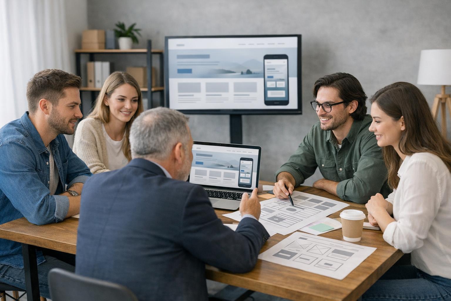 Zdjęcie zespołu podczas konsultacji z klientem nad projektem strony