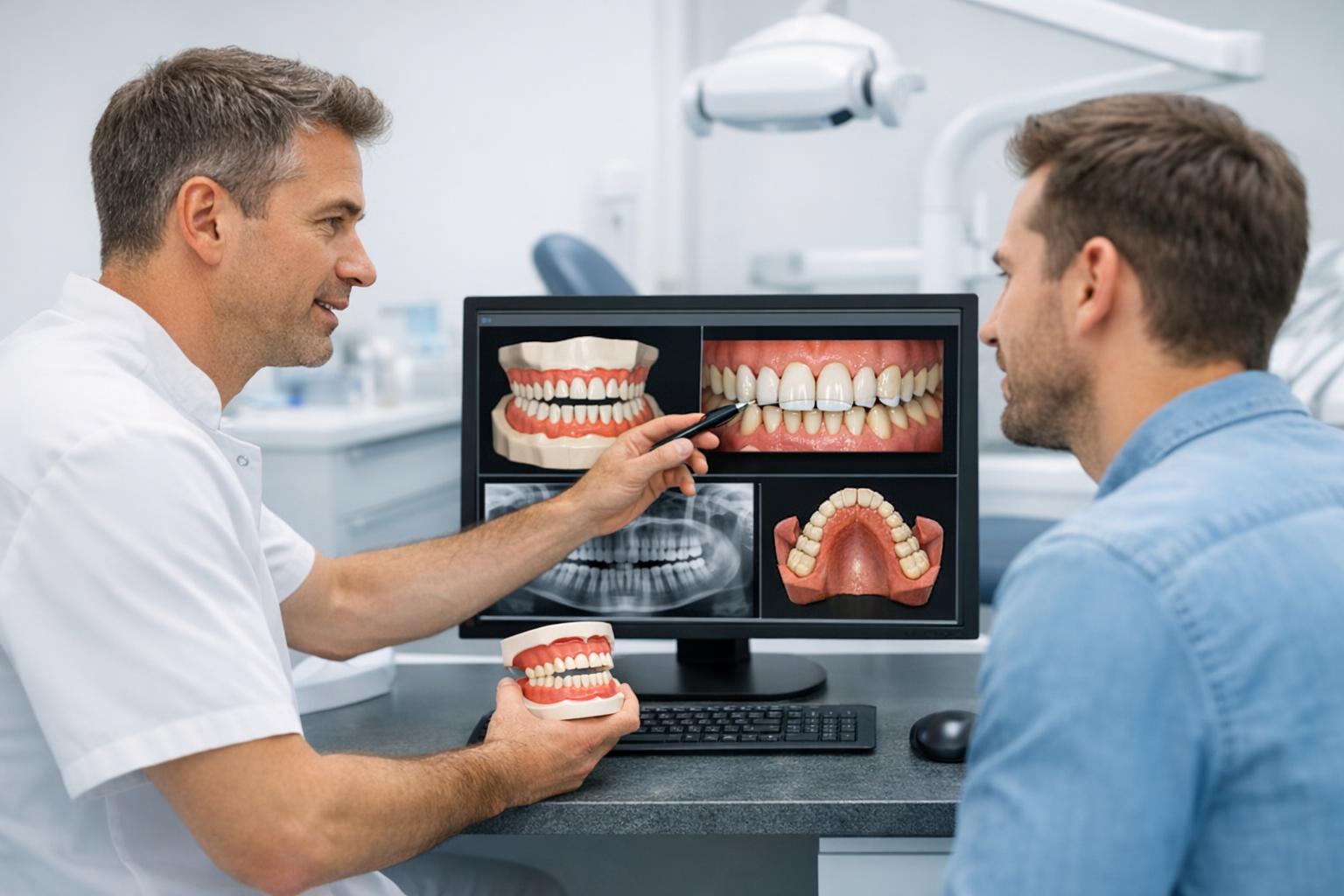 Dentysta omawiający plan leczenia z pacjentem przy komputerze z cyfrową diagnostyką