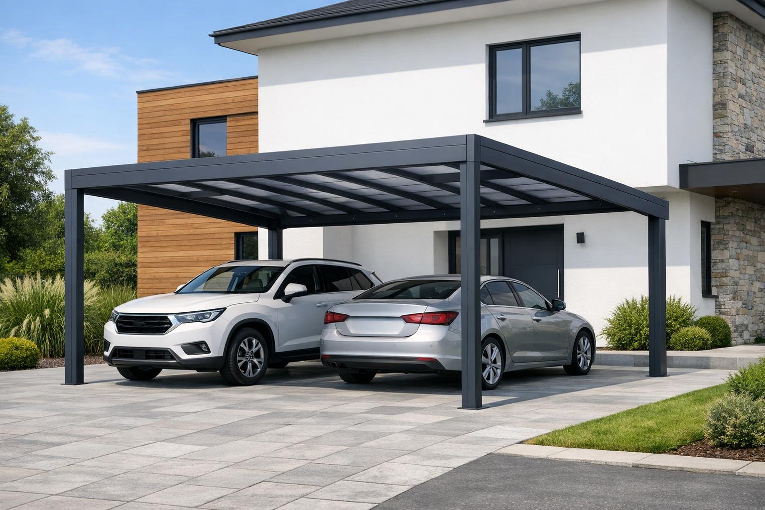 Opis zdjęcia: nowoczesna aluminiowa wiata Carport przed domem